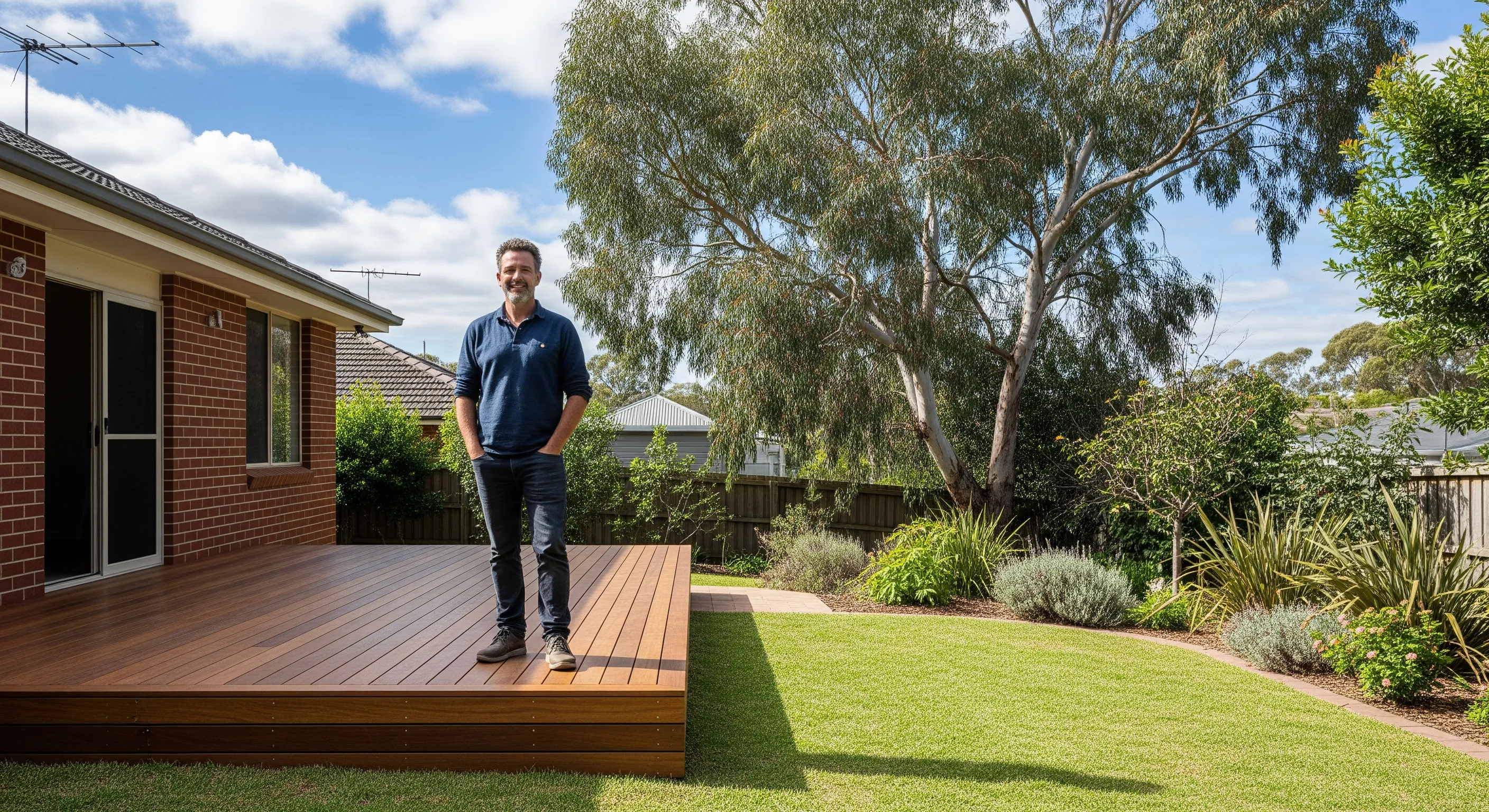 A homeowner standing on a newly built low timber deck behind a brick house