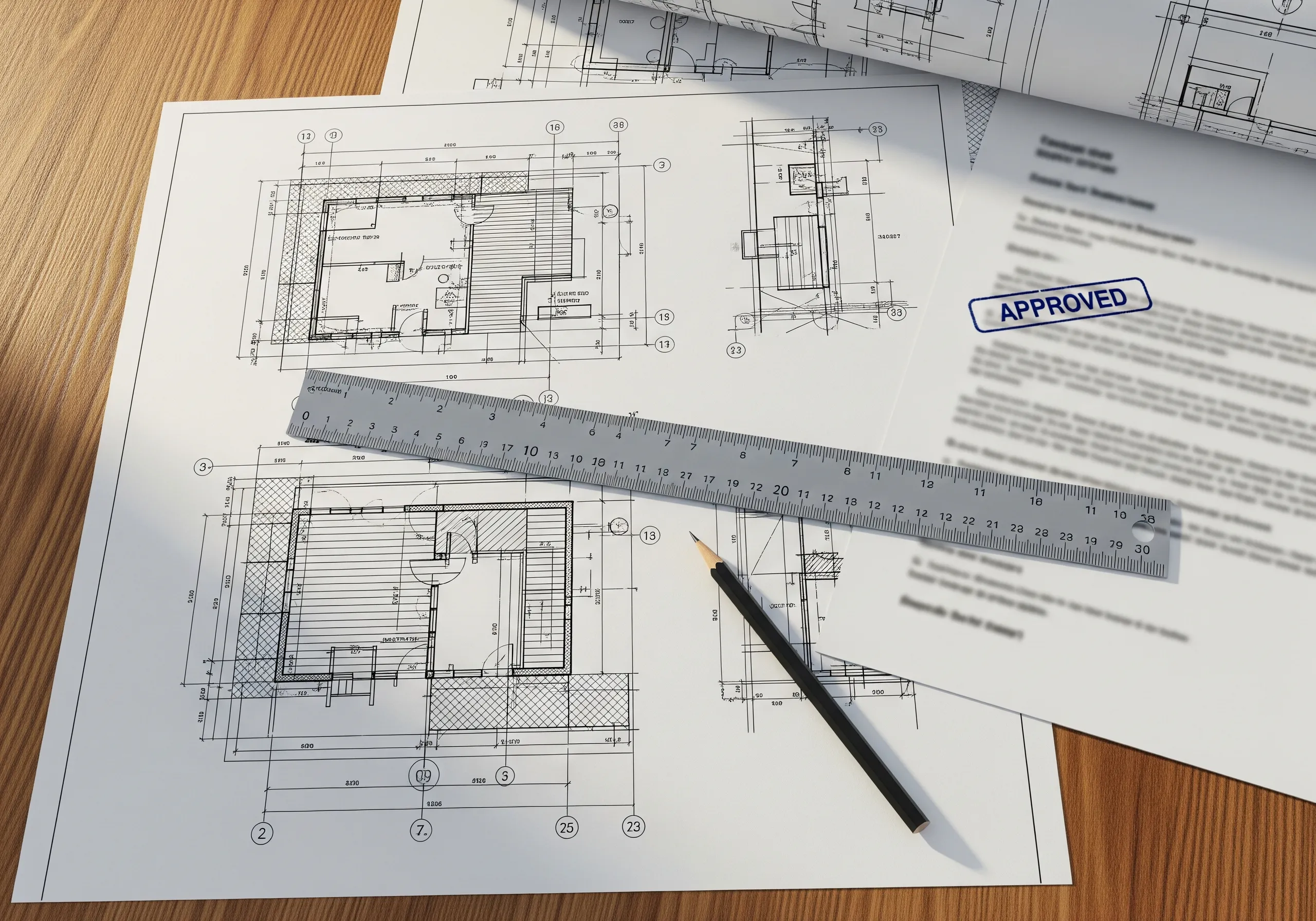 Deck construction plans and elevations laid out with an approval stamp