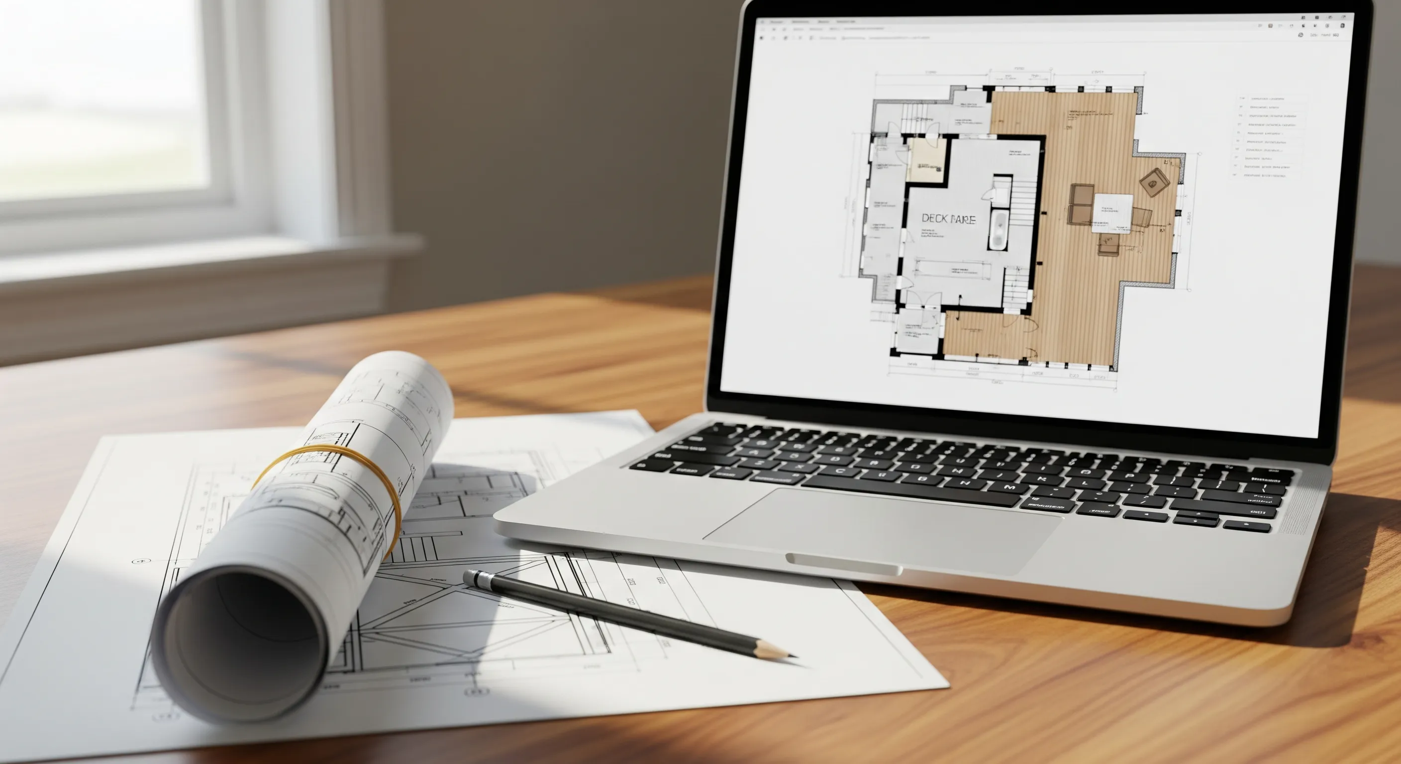 A laptop showing deck plans on screen next to a rolled set of printed deck plans