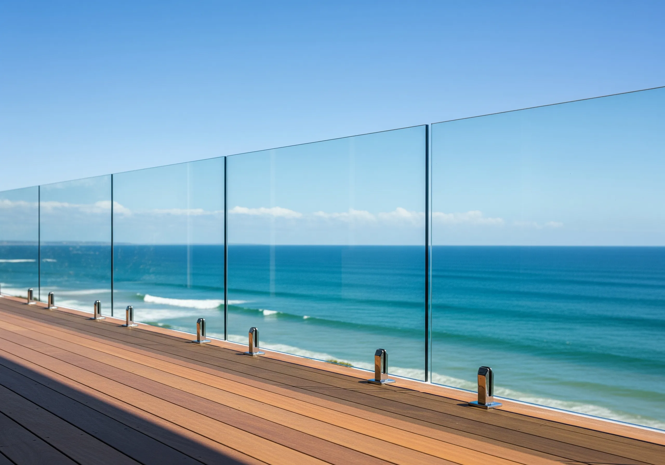 A frameless glass balustrade on a timber deck overlooking the ocean