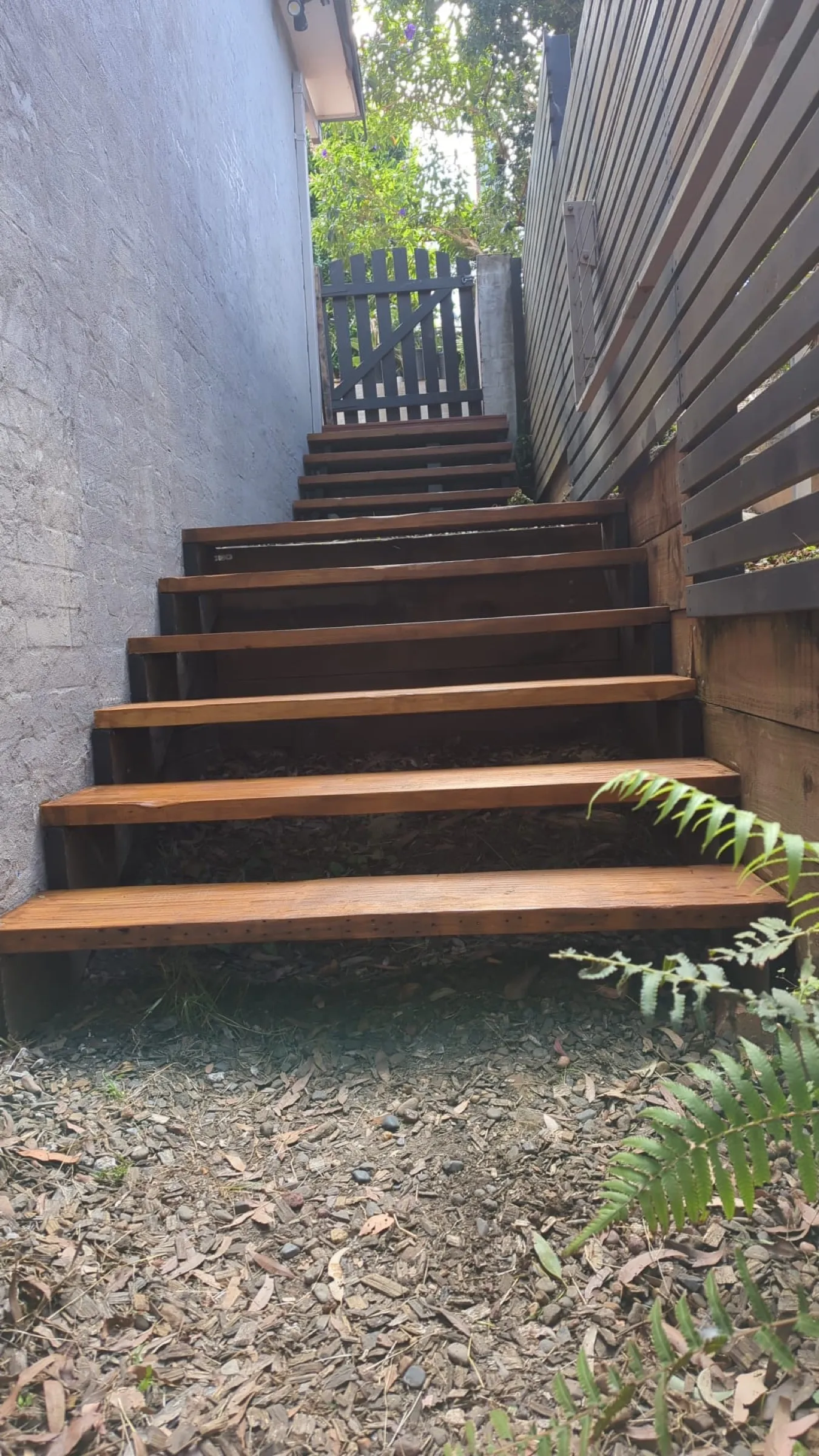 Custom merbau hardwood access stairs running down the side of a house