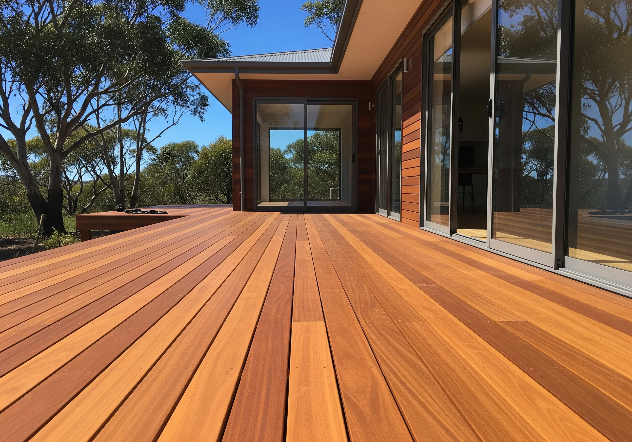 A freshly built spotted gum deck at a modern Central Coast home