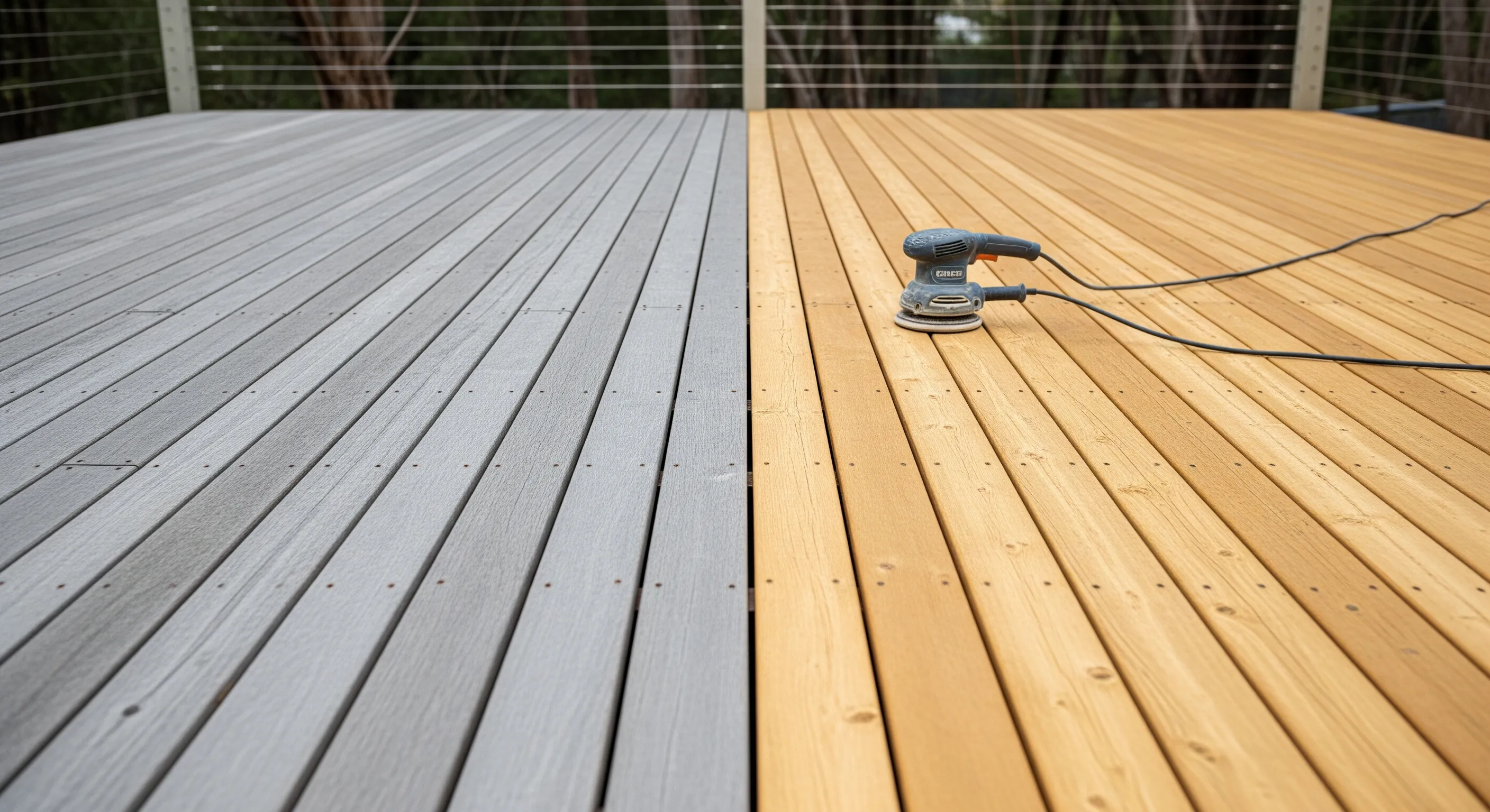 A weathered grey hardwood deck halfway through being sanded back to fresh timber
